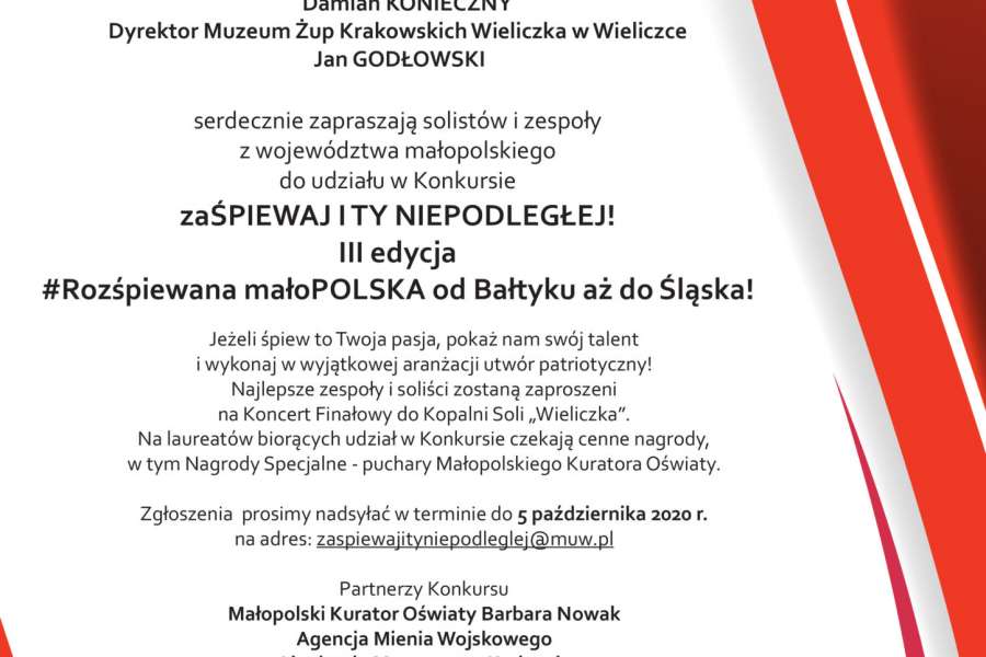 W Konkursie zaśpiewaj I TY NIEPODLEGŁEJ III edycja Rozśpiewana małopolska od Bałtyku aż do Śląska!